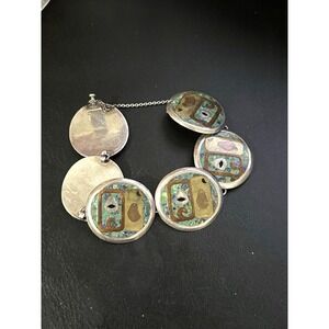 Vtg NESTOR STERLING Taxco Mexico Bracelet Inlaid Turquoise Lapis Safety chain